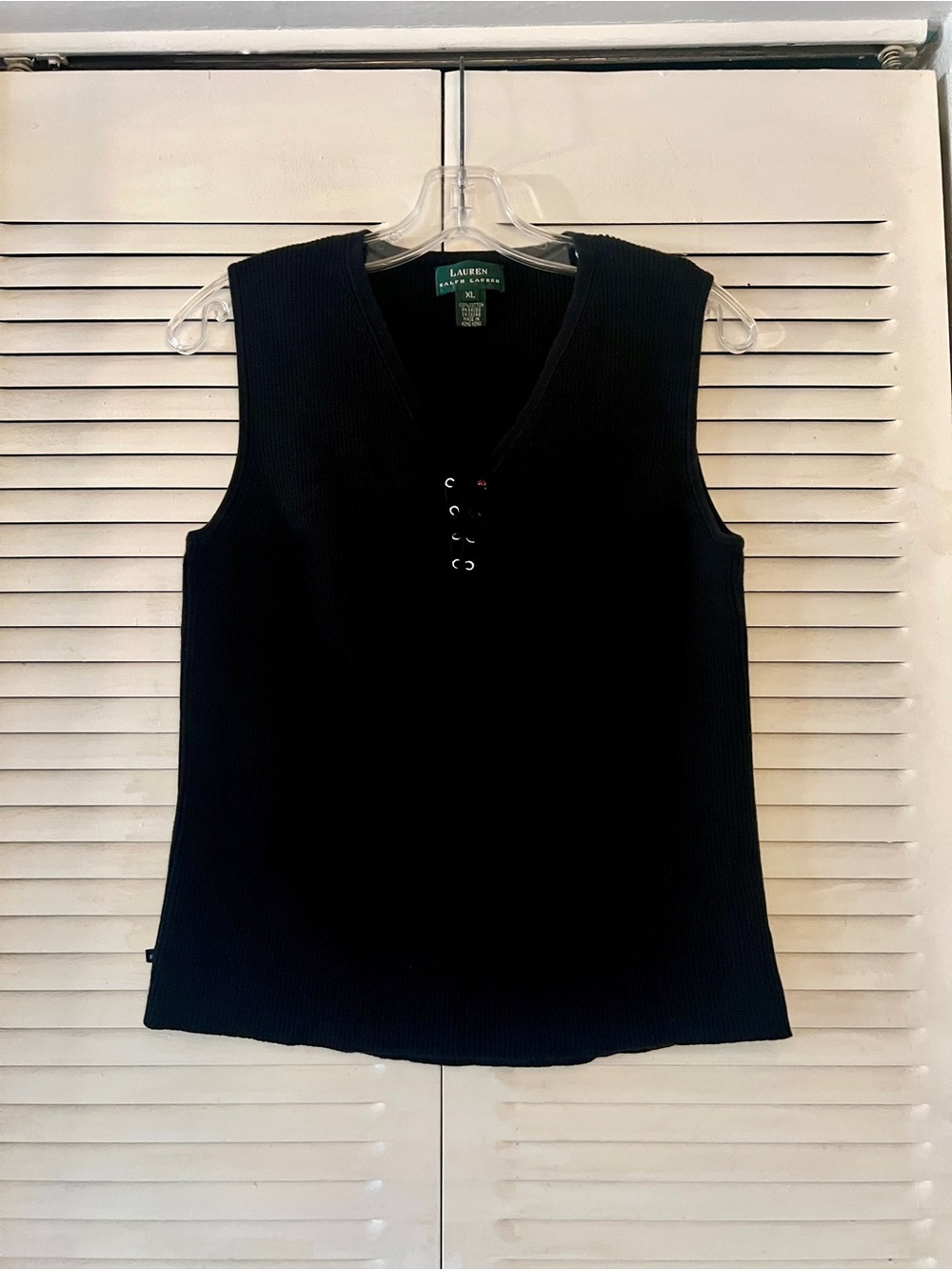 Ralph Lauren Black Ribbed V-Neck Lace-Up Tank